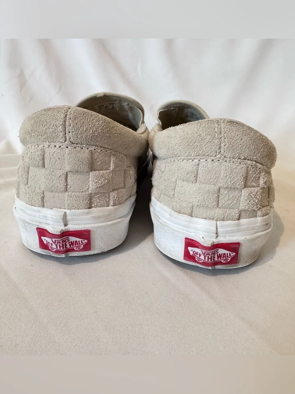 Vans Classic Slip On Embossed Check Mens 8 Womens 9.5 Neutral Oatmeal Suede EEUC
